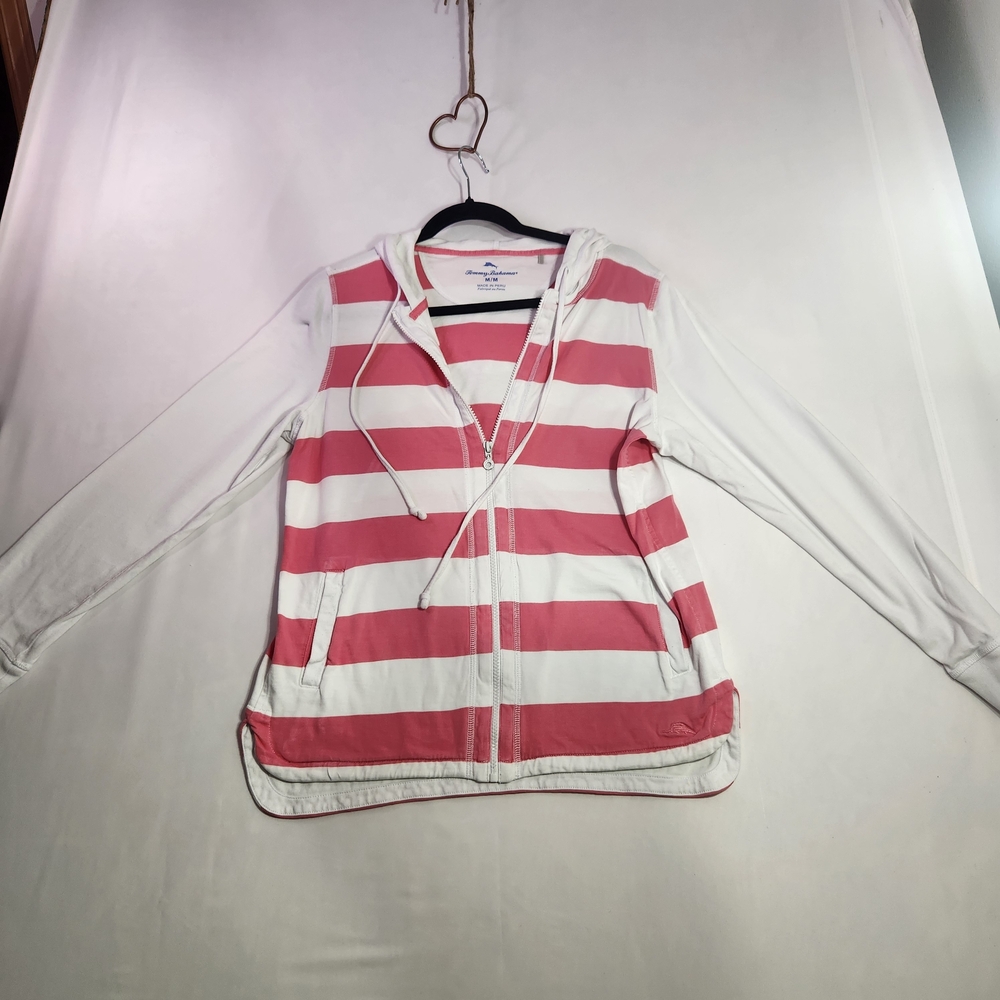 ⭐️Tommy Bahama Pink White Striped Zip Up Hoodie Medium Resort Beach Coastal